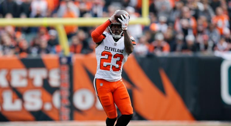 Cleveland Browns strong safety Damarious Randall (23) intercepts a pass intended for Cincinnati Bengals wide receiver Cody Core (16) in the second quarter of the NFL Week 12 game between the Cincinnati Bengals and the Cleveland Browns