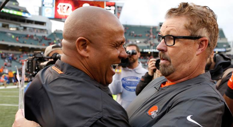 Cincinnati Bengals special assistant to the head coach Hue Jackson (left) talks with Cleveland Browns head coach Gregg Williams (right) after the Browns defeated the Bengals at Paul Brown Stadium. Cincinnati Bengals special assistant to the head coach Hue Jackson (left) talks with Cleveland Browns head coach Gregg Williams (right) after the Browns defeated the Bengals at Paul Brown Stadium.