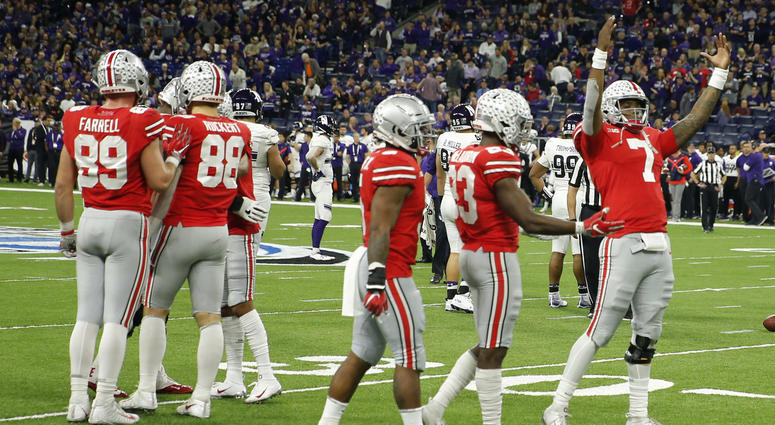 Ohio State Buckeyes quarterback Dwayne Haskins Jr. (7) celebrates in the closing seconds against the Northwestern Wildcats during the fourth quarter in the Big Ten conference championship game at Lucas Oil Stadium. Ohio State Buckeyes quarterback Dwayne Haskins Jr. (7) celebrates in the closing seconds against the Northwestern Wildcats during the fourth quarter in the Big Ten conference championship game at Lucas Oil Stadium.
