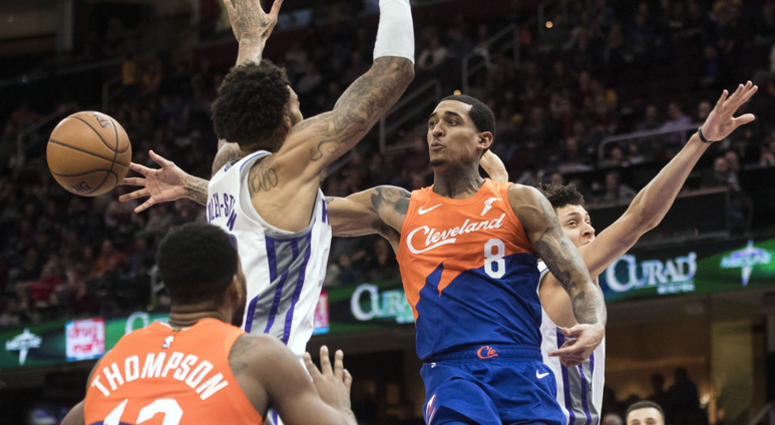 Dec 7, 2018; Cleveland, OH, USA; Cleveland Cavaliers guard Jordan Clarkson (8) passes under Sacramento Kings center Willie Cauley-Stein (00) during the second half at Quicken Loans Arena. Mandatory Credit: Ken Blaze-USA TODAY Sports Dec 7, 2018; Cleveland, OH, USA; Cleveland Cavaliers guard Jordan Clarkson (8) passes under Sacramento Kings center Willie Cauley-Stein (00) during the second half at Quicken Loans Arena. Mandatory Credit: Ken Blaze-USA TODAY Sports