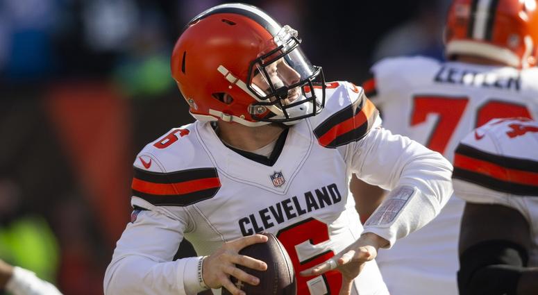 Cleveland Browns quarterback Baker Mayfield (6) throws a pass for a first down against the Carolina Panthers during the first quarter at FirstEnergy Stadium. Cleveland Browns quarterback Baker Mayfield (6) throws a pass for a first down against the Carolina Panthers during the first quarter at FirstEnergy Stadium.