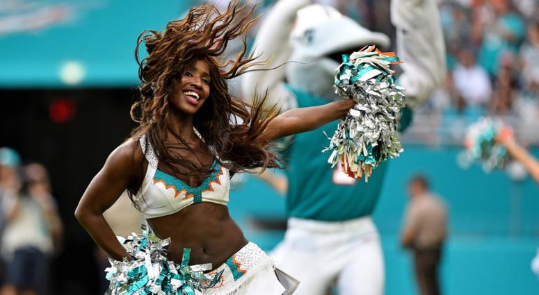 Dec 9, 2018; Miami Gardens, FL, USA; A Miami Dolphins cheerleader performs during the second half between the Miami Dolphins and the New England Patriots at Hard Rock Stadium. Mandatory Credit: Jasen Vinlove-USA TODAY Sports Dec 9, 2018; Miami Gardens, FL, USA; A Miami Dolphins cheerleader performs during the second half between the Miami Dolphins and the New England Patriots at Hard Rock Stadium. Mandatory Credit: Jasen Vinlove-USA TODAY Sports