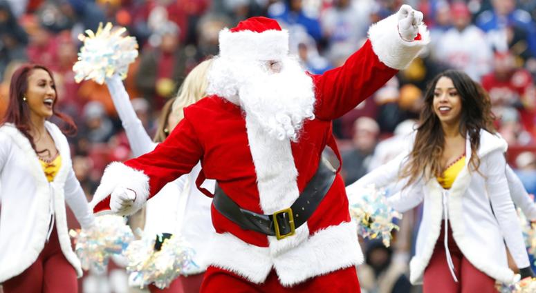 Dec 9, 2018; Landover, MD, USA; Santa Claus dances with Washington Redskins cheerleaders on the field during a timeout against the New York Giants in the second quarter at FedEx Field. The Giants won 40-16. Mandatory Credit: Geoff Burke-USA TODAY Sports Dec 9, 2018; Landover, MD, USA; Santa Claus dances with Washington Redskins cheerleaders on the field during a timeout against the New York Giants in the second quarter at FedEx Field. The Giants won 40-16. Mandatory Credit: Geoff Burke-USA TODAY Sports