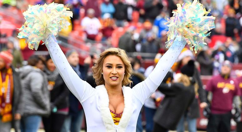 Dec 9, 2018; Landover, MD, USA; Washington Redskins cheerleader performs against the New York Giants during the first half at FedEx Field. Mandatory Credit: Brad Mills-USA TODAY Sports Dec 9, 2018; Landover, MD, USA; Washington Redskins cheerleader performs against the New York Giants during the first half at FedEx Field. Mandatory Credit: Brad Mills-USA TODAY Sports