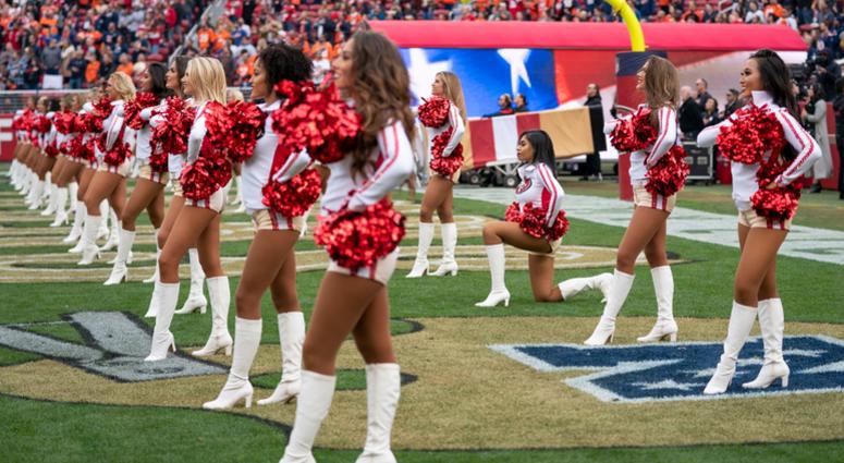 December 9, 2018; Santa Clara, CA, USA; San Francisco 49ers cheerleader Kayla Morris kneels during the national anthem before the game against the Denver Broncos at Levi's Stadium. Mandatory Credit: Kyle Terada-USA TODAY Sports December 9, 2018; Santa Clara, CA, USA; San Francisco 49ers cheerleader Kayla Morris kneels during the national anthem before the game against the Denver Broncos at Levi's Stadium. Mandatory Credit: Kyle Terada-USA TODAY Sports