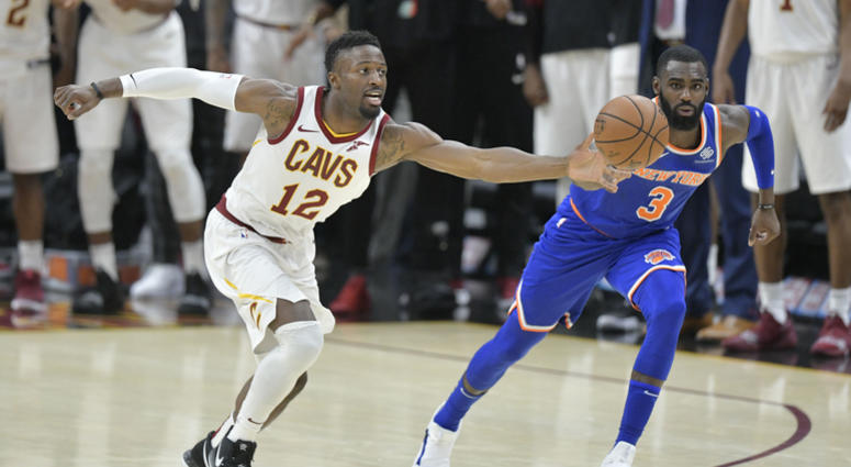 Dec 12, 2018; Cleveland, OH, USA; Cleveland Cavaliers guard David Nwaba (12) reaches for the ball against New York Knicks guard Tim Hardaway Jr. (3) in the final seconds of the fourth quarter at Quicken Loans Arena. Mandatory Credit: David Richard-USA TOD Dec 12, 2018; Cleveland, OH, USA; Cleveland Cavaliers guard David Nwaba (12) reaches for the ball against New York Knicks guard Tim Hardaway Jr. (3) in the final seconds of the fourth quarter at Quicken Loans Arena. Mandatory Credit: David Richard-USA TOD