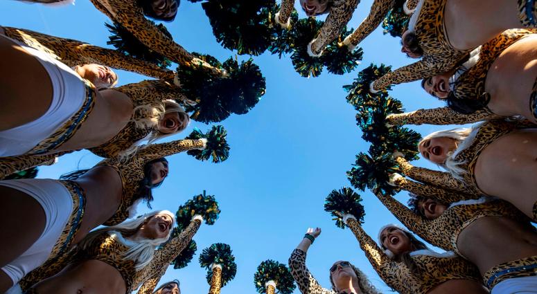 Dec 16, 2018; Jacksonville, FL, USA; Jacksonville Jaguars cheerleaders make a final cheer in a huddle after the final home game of the season between the Jacksonville Jaguars and the Washington Redskins at TIAA Bank Field. Mandatory Credit: Douglas DeFeli Dec 16, 2018; Jacksonville, FL, USA; Jacksonville Jaguars cheerleaders make a final cheer in a huddle after the final home game of the season between the Jacksonville Jaguars and the Washington Redskins at TIAA Bank Field. Mandatory Credit: Douglas DeFeli
