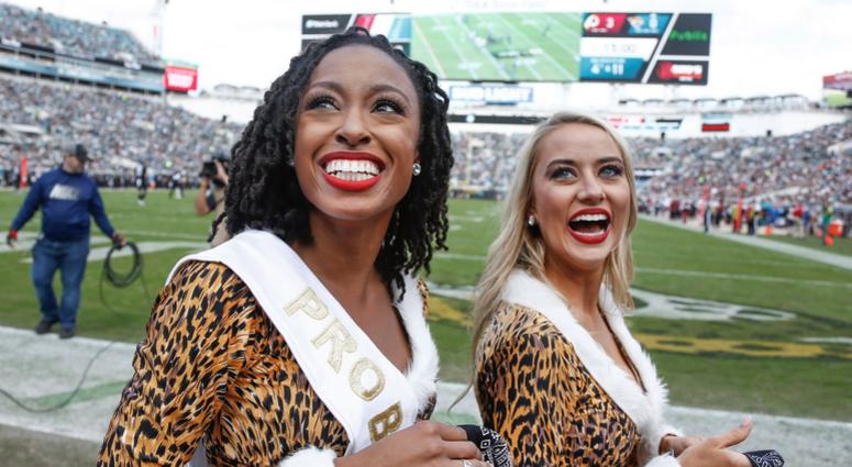 Dec 16, 2018; Jacksonville, FL, USA; Jacksonville Jaguars cheerleader Jada (left) smiles after being selected to represent her team at the Pro Bowl during the first quarter against the Washington Redskins at TIAA Bank Field. Mandatory Credit: Reinhold Mat Dec 16, 2018; Jacksonville, FL, USA; Jacksonville Jaguars cheerleader Jada (left) smiles after being selected to represent her team at the Pro Bowl during the first quarter against the Washington Redskins at TIAA Bank Field. Mandatory Credit: Reinhold Mat