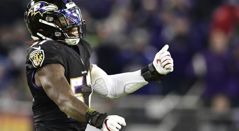 Dec 30, 2018; Baltimore, MD, USA; Baltimore Ravens inside linebacker C.J. Mosley (57) reacts after sacking Cleveland Browns quarterback Baker Mayfield (not pictured) during the second half at M&T Bank Stadium.