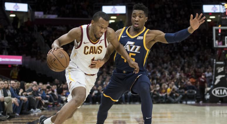 Jan 4, 2019; Cleveland, OH, USA; Cleveland Cavaliers guard Rodney Hood (1) drives to the basket against Utah Jazz guard Donovan Mitchell (45) during the first half at Quicken Loans Arena. Mandatory Credit: Ken Blaze-USA TODAY Sports Jan 4, 2019; Cleveland, OH, USA; Cleveland Cavaliers guard Rodney Hood (1) drives to the basket against Utah Jazz guard Donovan Mitchell (45) during the first half at Quicken Loans Arena. Mandatory Credit: Ken Blaze-USA TODAY Sports