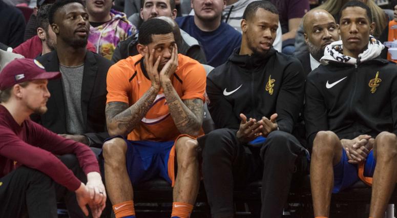 Jan 5, 2019; Cleveland, OH, USA; Cleveland Cavaliers guard Jordan Clarkson (in orange) sits on the bench late in the fourth quarter of the Cavaliers 133-98 loss to the New Orleans Pelicans at Quicken Loans Arena. Mandatory Credit: Ken Blaze-USA TODAY Jan 5, 2019; Cleveland, OH, USA; Cleveland Cavaliers guard Jordan Clarkson (in orange) sits on the bench late in the fourth quarter of the Cavaliers 133-98 loss to the New Orleans Pelicans at Quicken Loans Arena. Mandatory Credit: Ken Blaze-USA TODAY