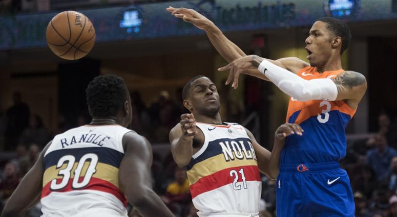 Jan 5, 2019; Cleveland, OH, USA; Cleveland Cavaliers guard Patrick McCaw (3) passes the ball against New Orleans Pelicans forward Darius Miller (21) and forward Julius Randle (30) during the second half at Quicken Loans Arena. Mandatory Credit: Ken Blaze- Jan 5, 2019; Cleveland, OH, USA; Cleveland Cavaliers guard Patrick McCaw (3) passes the ball against New Orleans Pelicans forward Darius Miller (21) and forward Julius Randle (30) during the second half at Quicken Loans Arena. Mandatory Credit: Ken Blaze-