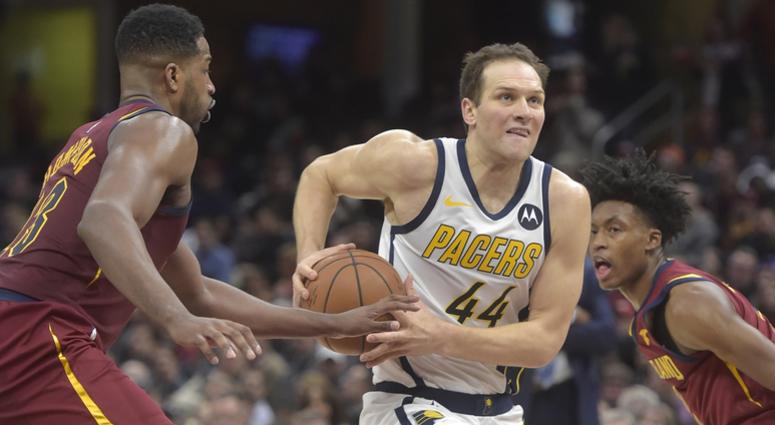 Jan 8, 2019; Cleveland, OH, USA; Indiana Pacers forward Bojan Bogdanovic (44) drives between Cleveland Cavaliers center Tristan Thompson (13) and guard Collin Sexton (right) in the second quarter at Quicken Loans Arena. Mandatory Credit: David Richard-USA Jan 8, 2019; Cleveland, OH, USA; Indiana Pacers forward Bojan Bogdanovic (44) drives between Cleveland Cavaliers center Tristan Thompson (13) and guard Collin Sexton (right) in the second quarter at Quicken Loans Arena. Mandatory Credit: David Richard-USA