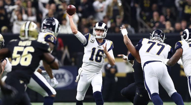Los Angeles Rams quarterback Jared Goff (16) throws in the pocket in the second quarter against the New Orleans Saints in the NFC Championship at Mercedes-Benz Superdome. Los Angeles Rams quarterback Jared Goff (16) throws in the pocket in the second quarter against the New Orleans Saints in the NFC Championship at Mercedes-Benz Superdome.
