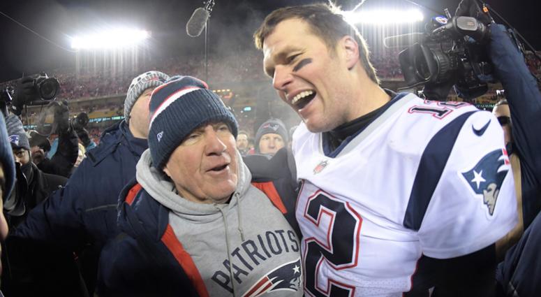 Jan 20, 2019; Kansas City, MO, USA; New England Patriots quarterback Tom Brady (12) celebrates with coach Bill Belichick after the AFC Championship game against the Kansas City Chiefs at Arrowhead Stadium. The Patriots defeated the Chiefs 37-31 in overtim Jan 20, 2019; Kansas City, MO, USA; New England Patriots quarterback Tom Brady (12) celebrates with coach Bill Belichick after the AFC Championship game against the Kansas City Chiefs at Arrowhead Stadium. The Patriots defeated the Chiefs 37-31 in overtim