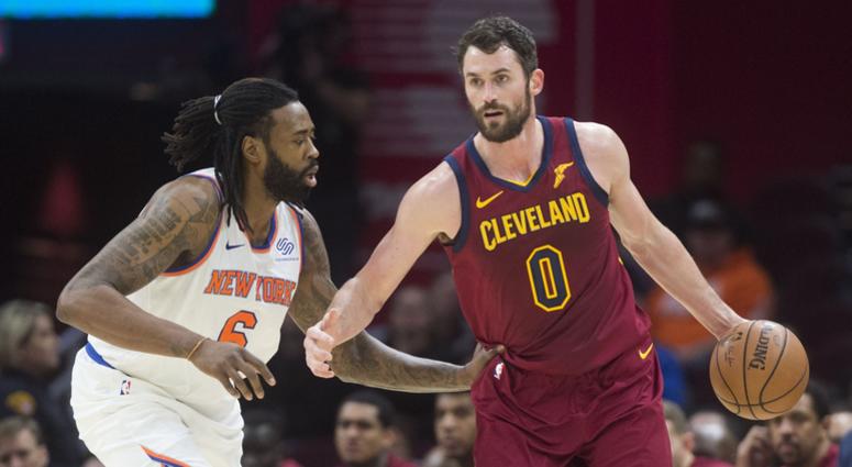 Feb 11, 2019; Cleveland, OH, USA; New York Knicks center DeAndre Jordan (6) guards Cleveland Cavaliers forward Kevin Love (0) during the first half at Quicken Loans Arena. Mandatory Credit: Ken Blaze-USA TODAY Sports Feb 11, 2019; Cleveland, OH, USA; New York Knicks center DeAndre Jordan (6) guards Cleveland Cavaliers forward Kevin Love (0) during the first half at Quicken Loans Arena. Mandatory Credit: Ken Blaze-USA TODAY Sports