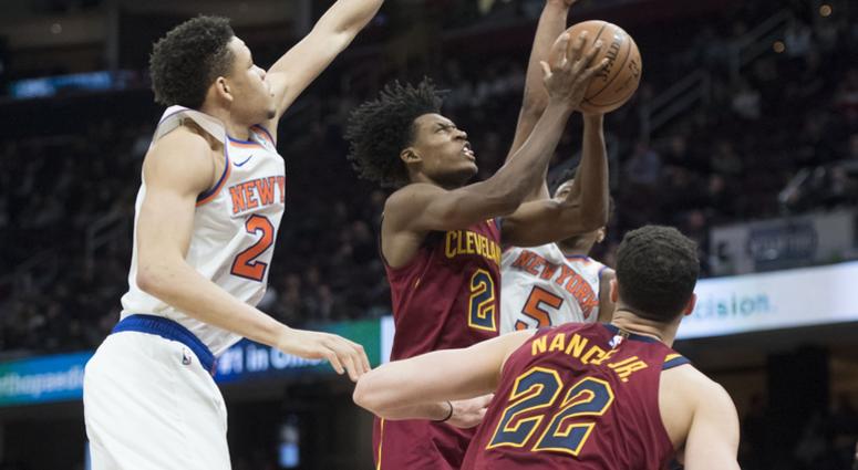 Feb 11, 2019; Cleveland, OH, USA; Cleveland Cavaliers guard Collin Sexton (2) drives to the basket between New York Knicks forward Kevin Knox (20) and guard Dennis Smith Jr. (5) during the second half at Quicken Loans Arena. Mandatory Credit: Ken Blaze-US Feb 11, 2019; Cleveland, OH, USA; Cleveland Cavaliers guard Collin Sexton (2) drives to the basket between New York Knicks forward Kevin Knox (20) and guard Dennis Smith Jr. (5) during the second half at Quicken Loans Arena. Mandatory Credit: Ken Blaze-US