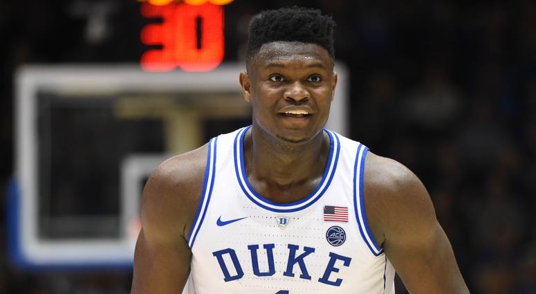 Feb 16, 2019; Durham, NC, USA; Duke Blue Devils forward Zion Williamson (1) reacts during the second half against the North Carolina State Wolfpack at Cameron Indoor Stadium. The Blue Devils won 94-78. Mandatory Credit: Rob Kinnan-USA TODAY Sports Feb 16, 2019; Durham, NC, USA; Duke Blue Devils forward Zion Williamson (1) reacts during the second half against the North Carolina State Wolfpack at Cameron Indoor Stadium. The Blue Devils won 94-78. Mandatory Credit: Rob Kinnan-USA TODAY Sports