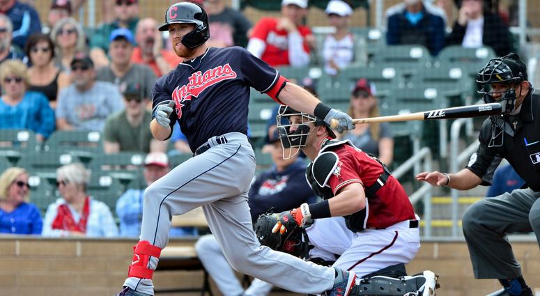 Mar 7, 2019; Salt River Pima-Maricopa, AZ, USA; Cleveland Indians left fielder Jordan Luplow (8) singles in the first inning against the Arizona Diamondbacks at Salt River Fields at Talking Stick. Mandatory Credit: Matt Kartozian-USA TODAY Sports Mar 7, 2019; Salt River Pima-Maricopa, AZ, USA; Cleveland Indians left fielder Jordan Luplow (8) singles in the first inning against the Arizona Diamondbacks at Salt River Fields at Talking Stick. Mandatory Credit: Matt Kartozian-USA TODAY Sports