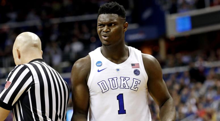 Duke Blue Devils forward Zion Williamson (1) reacts to a play during the second half against the Virginia Tech Hokies in the semifinals of the east regional of the 2019 NCAA Tournament at Capital One Arena. Duke Blue Devils forward Zion Williamson (1) reacts to a play during the second half against the Virginia Tech Hokies in the semifinals of the east regional of the 2019 NCAA Tournament at Capital One Arena.