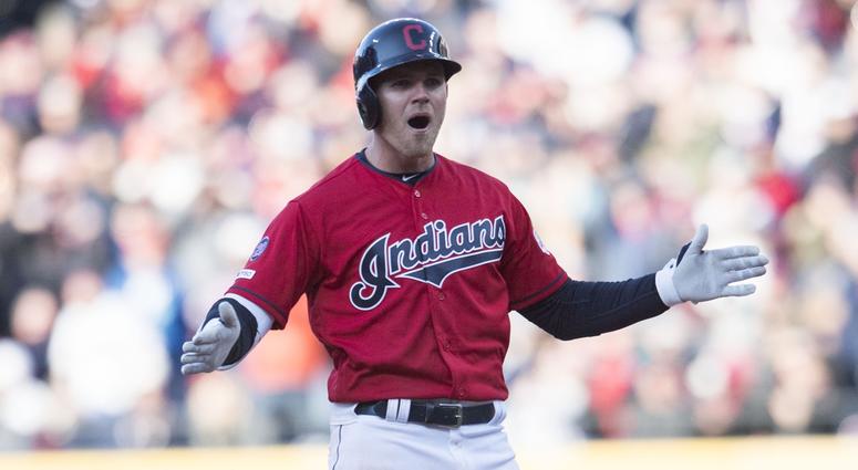 Cleveland Indians left fielder Jake Bauers (10) reacts after hitting a double during the eighth inning against the Chicago White Sox at Progressive Field. Cleveland Indians left fielder Jake Bauers (10) reacts after hitting a double during the eighth inning against the Chicago White Sox at Progressive Field.