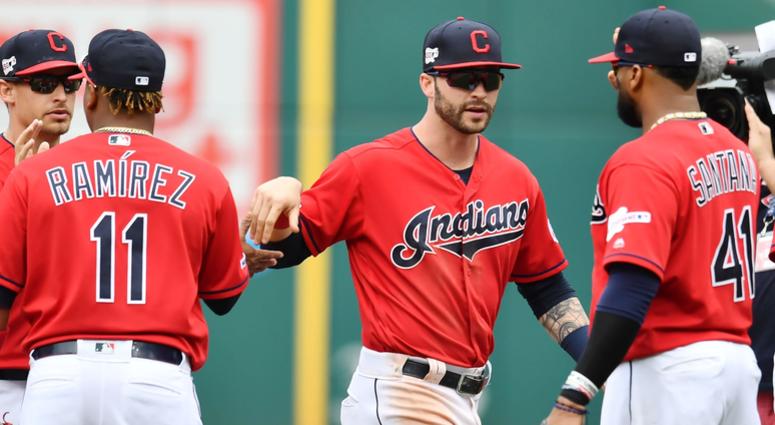 Apr 7, 2019; Cleveland, OH, USA; Cleveland Indians third baseman Jose Ramirez (11) and right fielder Tyler Naquin (center) and first baseman Carlos Santana (41) celebrate after the Indians defeated the Toronto Blue Jays at Progressive Field. Apr 7, 2019; Cleveland, OH, USA; Cleveland Indians third baseman Jose Ramirez (11) and right fielder Tyler Naquin (center) and first baseman Carlos Santana (41) celebrate after the Indians defeated the Toronto Blue Jays at Progressive Field.
