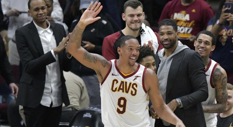 Apr 7, 2019; Cleveland, OH, USA; Cleveland Cavaliers forward Channing Frye (9) waves to fans after he was replaced in the fourth quarter against the San Antonio Spurs at Quicken Loans Arena.