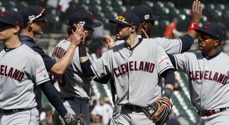 Apr 9, 2019; Detroit, MI, USA; Cleveland Indians shortstop Eric Stamets (7) celebrates with teammates after the game against the Detroit Tigers at Comerica Park. Mandatory Credit: Raj Mehta-USA TODAY Sports Apr 9, 2019; Detroit, MI, USA; Cleveland Indians shortstop Eric Stamets (7) celebrates with teammates after the game against the Detroit Tigers at Comerica Park. Mandatory Credit: Raj Mehta-USA TODAY Sports
