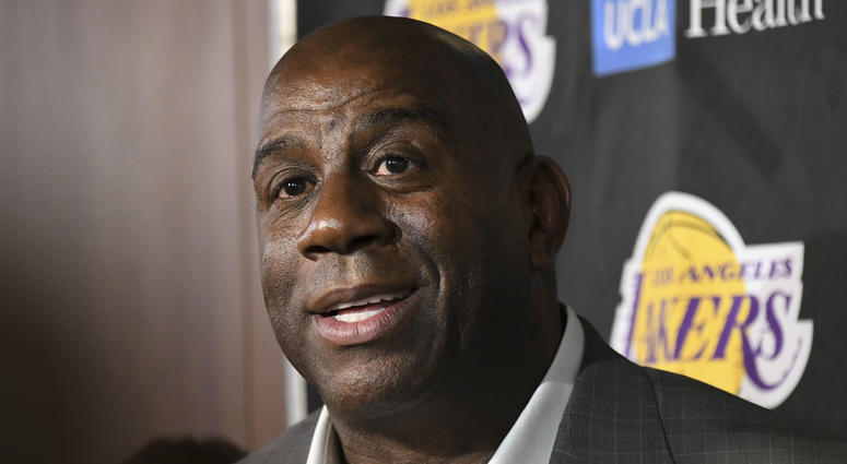 Apr 9, 2019; Los Angeles, CA, USA; Los Angeles Lakers president of basketball operations Magic Johnson speaks to the media before the game against the Portland Trail Blazers at Staples Center. Mandatory Credit: Richard Mackson-USA TODAY Sports Apr 9, 2019; Los Angeles, CA, USA; Los Angeles Lakers president of basketball operations Magic Johnson speaks to the media before the game against the Portland Trail Blazers at Staples Center. Mandatory Credit: Richard Mackson-USA TODAY Sports