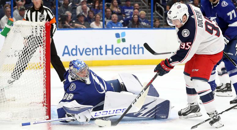 Columbus Blue Jackets center Matt Duchene (95) scores a goal on Tampa Bay Lightning goaltender Andrei Vasilevskiy (88) during the second period of game two of the first round of the 2019 Stanley Cup Playoffs at Amalie Arena. Columbus Blue Jackets center Matt Duchene (95) scores a goal on Tampa Bay Lightning goaltender Andrei Vasilevskiy (88) during the second period of game two of the first round of the 2019 Stanley Cup Playoffs at Amalie Arena.