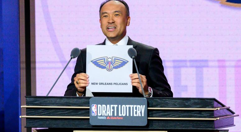 May 14, 2019; Chicago, IL, USA; NBA deputy commissioner Mark Tatum reveals the number one pick for the New Orleans Pelicans during the 2019 NBA Draft Lottery at the Hilton Chicago. Mandatory Credit: Patrick Gorski-USA TODAY Sports May 14, 2019; Chicago, IL, USA; NBA deputy commissioner Mark Tatum reveals the number one pick for the New Orleans Pelicans during the 2019 NBA Draft Lottery at the Hilton Chicago. Mandatory Credit: Patrick Gorski-USA TODAY Sports