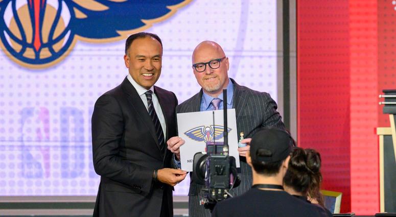 May 14, 2019; Chicago, IL, USA; NBA deputy commissioner Mark Tatum (left) poses for a photo with New Orleans Pelicans executive vice president of basketball operations David Griffin after revealing the number one pick during the 2019 NBA Draft Lottery at May 14, 2019; Chicago, IL, USA; NBA deputy commissioner Mark Tatum (left) poses for a photo with New Orleans Pelicans executive vice president of basketball operations David Griffin after revealing the number one pick during the 2019 NBA Draft Lottery at