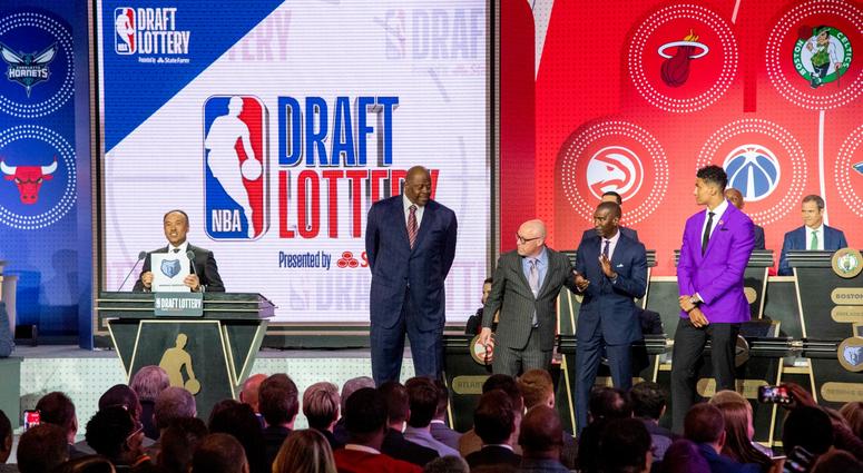 May 14, 2019; Chicago, IL, USA; NBA deputy commissioner Mark Tatum reveals the number two pick for the Memphis Grizzlies during the 2019 NBA Draft Lottery at the Hilton Chicago. Mandatory Credit: Patrick Gorski-USA TODAY Sports May 14, 2019; Chicago, IL, USA; NBA deputy commissioner Mark Tatum reveals the number two pick for the Memphis Grizzlies during the 2019 NBA Draft Lottery at the Hilton Chicago. Mandatory Credit: Patrick Gorski-USA TODAY Sports
