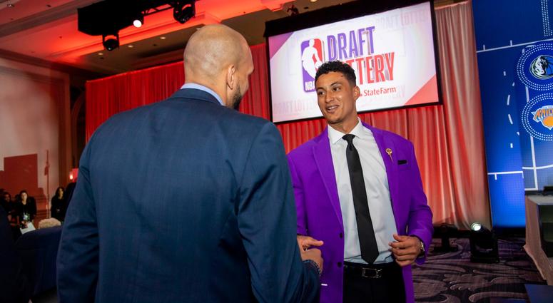 May 14, 2019; Chicago, IL, USA; Los Angeles Lakers player Kyle Kuzma (right) is seen during the 2019 NBA Draft Lottery at the Hilton Chicago. Mandatory Credit: Patrick Gorski-USA TODAY Sports May 14, 2019; Chicago, IL, USA; Los Angeles Lakers player Kyle Kuzma (right) is seen during the 2019 NBA Draft Lottery at the Hilton Chicago. Mandatory Credit: Patrick Gorski-USA TODAY Sports