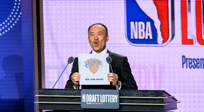 May 14, 2019; Chicago, IL, USA; NBA deputy commissioner Mark Tatum reveals the number three pick for the New York Knicks during the 2019 NBA Draft Lottery at the Hilton Chicago. Mandatory Credit: Patrick Gorski-USA TODAY Sports May 14, 2019; Chicago, IL, USA; NBA deputy commissioner Mark Tatum reveals the number three pick for the New York Knicks during the 2019 NBA Draft Lottery at the Hilton Chicago. Mandatory Credit: Patrick Gorski-USA TODAY Sports