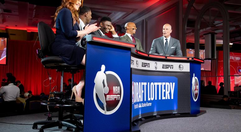 May 14, 2019; Chicago, IL, USA; NBA top prospect Zion Williamson (third from left) is seen during the 2019 NBA Draft Lottery at the Hilton Chicago. Mandatory Credit: Patrick Gorski-USA TODAY Sports May 14, 2019; Chicago, IL, USA; NBA top prospect Zion Williamson (third from left) is seen during the 2019 NBA Draft Lottery at the Hilton Chicago. Mandatory Credit: Patrick Gorski-USA TODAY Sports