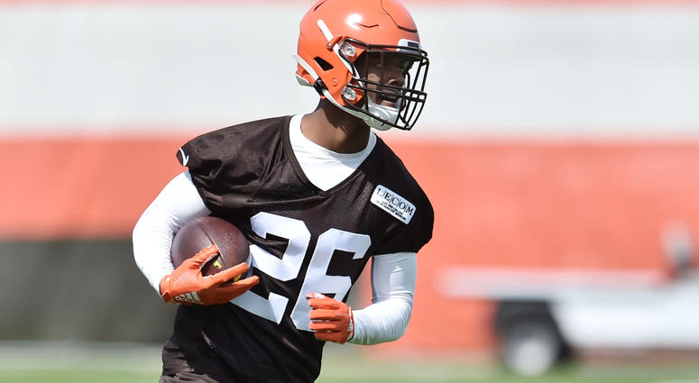 May 15, 2019; Berea, OH, USA; Cleveland Browns cornerback Greedy Williams (26) runs with the ball during organized team activities at the Cleveland Browns training facility.
