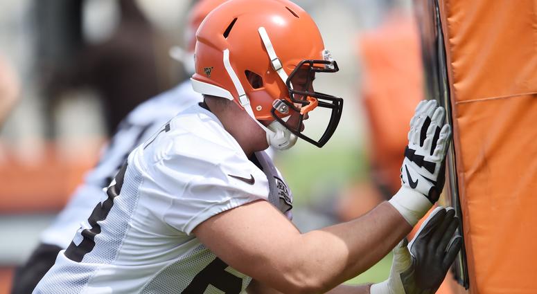 May 15, 2019; Berea, OH, USA; Cleveland Browns guard Austin Corbett (63) runs a drill during organized team activities at the Cleveland Browns training facility. Cleveland Browns guard Austin Corbett (63)