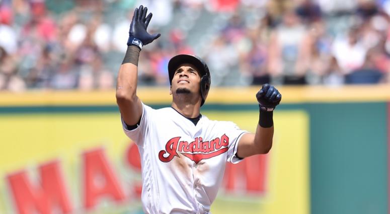 Cleveland Indians right fielder Oscar Mercado (35) celebrates after hitting an RBI double during the sixth inning against the Baltimore Orioles at Progressive Field. Cleveland Indians right fielder Oscar Mercado (35) celebrates after hitting an RBI double during the sixth inning against the Baltimore Orioles at Progressive Field.