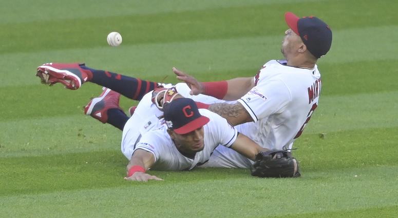 May 23, 2019; Cleveland, OH, USA; Cleveland Indians left field Oscar Mercado (35, and center fielder Leonys Martin (2) collide while fielding a home run by Tampa Bay Rays center fielder Kevin Kiermaier in the sixth inning at Progressive Field.