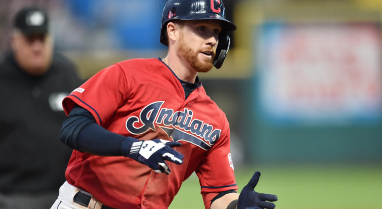 May 24, 2019; Cleveland, OH, USA; Cleveland Indians right fielder Jordan Luplow (8) rounds the bases after hitting a home run during the fourth inning against the Tampa Bay Rays at Progressive Field.