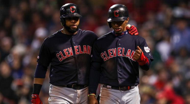 May 29, 2019; Boston, MA, USA; Cleveland Indians first baseman Carlos Santana (41) and shortstop Francisco Lindor (12) react after scoring during the sixth inning against the Boston Red Sox at Fenway Park. Mandatory Credit: Paul Rutherford-USA TODAY Sport May 29, 2019; Boston, MA, USA; Cleveland Indians first baseman Carlos Santana (41) and shortstop Francisco Lindor (12) react after scoring during the sixth inning against the Boston Red Sox at Fenway Park. Mandatory Credit: Paul Rutherford-USA TODAY Sport