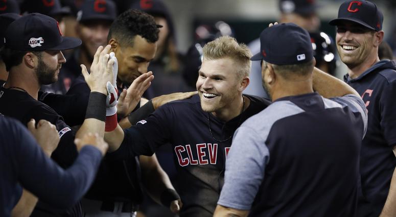 Jun 14, 2019; Detroit, MI, USA; Cleveland Indians left fielder Jake Bauers (10) celebrates with teammates in the dugout after hitting a two run home run against the Detroit Tigers during the eighth inning at Comerica Park. Mandatory Credit: Raj Mehta-USA Jun 14, 2019; Detroit, MI, USA; Cleveland Indians left fielder Jake Bauers (10) celebrates with teammates in the dugout after hitting a two run home run against the Detroit Tigers during the eighth inning at Comerica Park. Mandatory Credit: Raj Mehta-USA