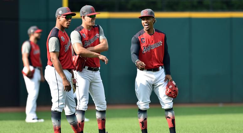 American League infielder Jorge Polanco of the Minnesota Twins (left), pitcher Jose Berrios of the Minnesota Twins (center) and infielder Francisco Lindor of the Cleveland Indians during workouts before the 2019 MLB All Star Game at Progressive Field. American League infielder Jorge Polanco of the Minnesota Twins (left), pitcher Jose Berrios of the Minnesota Twins (center) and infielder Francisco Lindor of the Cleveland Indians during workouts before the 2019 MLB All Star Game at Progressive Field.