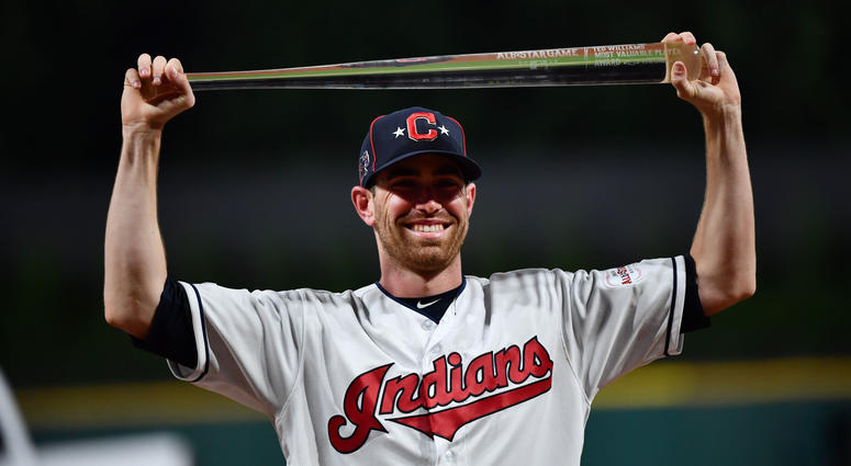 Jul 9, 2019; Cleveland, OH, USA; American League pitcher Shane Bieber (57) of the Cleveland Indians is awarded MVP in the 2019 MLB All Star Game at Progressive Field.
