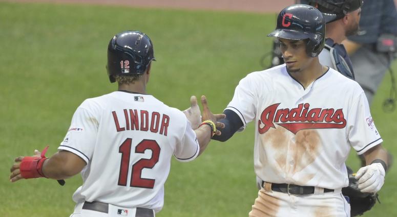 Jul 16, 2019; Cleveland, OH, USA; Cleveland Indians center fielder Oscar Mercado (35) celebrates with shortstop Francisco Lindor (12) after hitting a two run home run in the second inning against the Detroit Tigers at Progressive Field. Mandatory Credit: Jul 16, 2019; Cleveland, OH, USA; Cleveland Indians center fielder Oscar Mercado (35) celebrates with shortstop Francisco Lindor (12) after hitting a two run home run in the second inning against the Detroit Tigers at Progressive Field. Mandatory Credit: