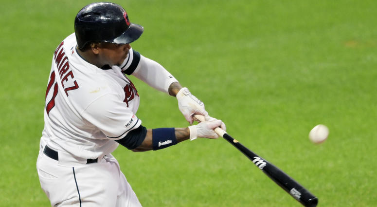 Jul 18, 2019; Cleveland, OH, USA; Cleveland Indians third baseman Jose Ramirez (11) hits a two-run home run against the Detroit Tigers in the sixth inning at Progressive Field. Mandatory Credit: David Richard-USA TODAY Sports Jul 18, 2019; Cleveland, OH, USA; Cleveland Indians third baseman Jose Ramirez (11) hits a two-run home run against the Detroit Tigers in the sixth inning at Progressive Field. Mandatory Credit: David Richard-USA TODAY Sports