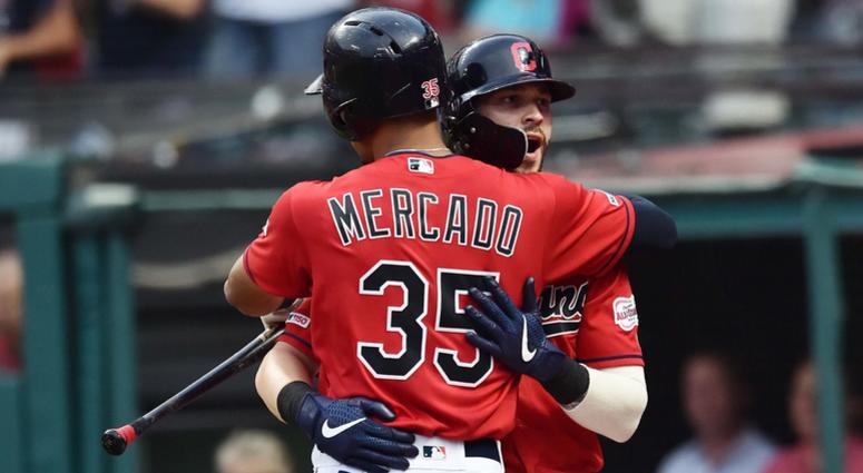 Jul 19, 2019; Cleveland, OH, USA; Cleveland Indians right fielder Tyler Naquin (30) celebrates with center fielder Oscar Mercado (35) after hitting a home run during the third inning against the Kansas City Royals at Progressive Field. Mandatory Credit: K Jul 19, 2019; Cleveland, OH, USA; Cleveland Indians right fielder Tyler Naquin (30) celebrates with center fielder Oscar Mercado (35) after hitting a home run during the third inning against the Kansas City Royals at Progressive Field. Mandatory Credit: K
