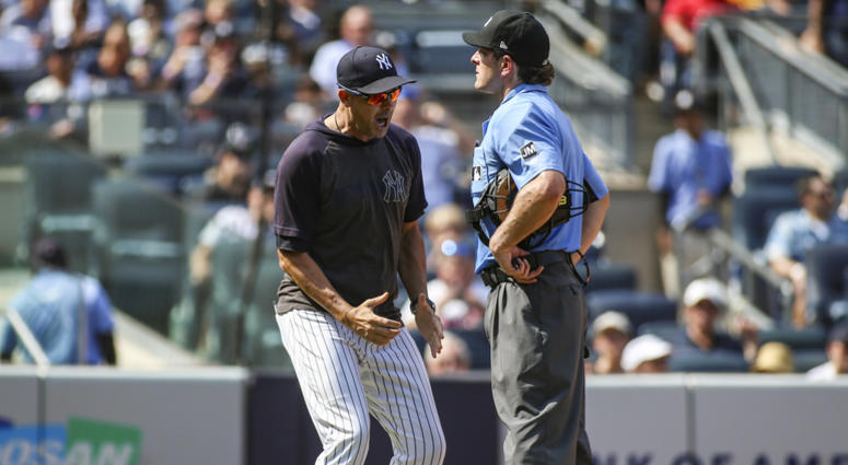 Aug 17, 2019; Bronx, NY, USA; New York Yankees manager Aaron Boone (17) argues with home plate umpire Ben May (97) in the sixth inning against the Cleveland Indians at Yankee Stadium. Mandatory Credit: Wendell Cruz-USA TODAY Sports Aug 17, 2019; Bronx, NY, USA; New York Yankees manager Aaron Boone (17) argues with home plate umpire Ben May (97) in the sixth inning against the Cleveland Indians at Yankee Stadium. Mandatory Credit: Wendell Cruz-USA TODAY Sports
