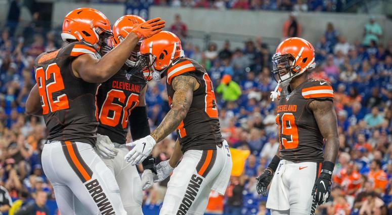 Aug 17, 2019; Indianapolis, IN, USA; Cleveland Browns wide receiver Derrick Willies (84) celebrates his touchdown with teammates in the second half of the game against the Indianapolis Colts at Lucas Oil Stadium. Cleveland Browns wide receiver Derrick Willies (84) celebrates his touchdown with teammates in the second half of the game against the Indianapolis Colts at Lucas Oil Stadium.